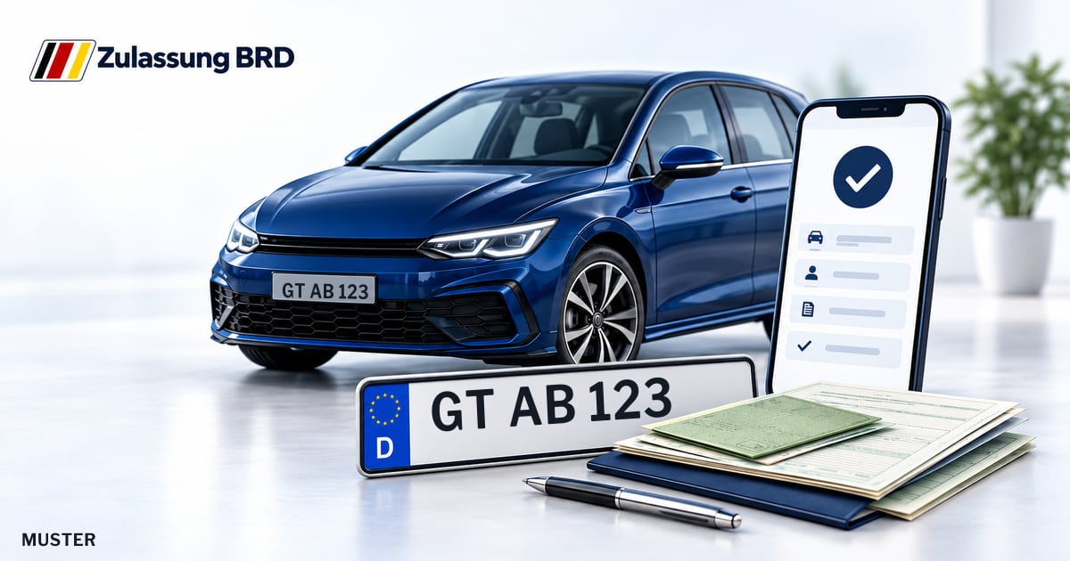Online Fahrzeugzulassung in Schloß Holte-Stukenbrock: Musterkennzeichen GT AB 123, Auto und Fahrzeugpapiere und Smartphone. Illustration mit Logo von Zulassung BRD.